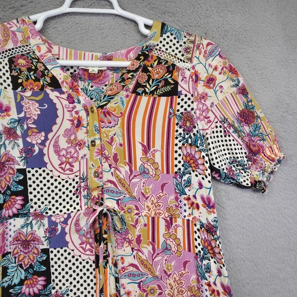 Indigo Rose Dress Womens M Button Floral Polka Dot Patchwork Tiered Boho Hippie - Picture 11 of 16